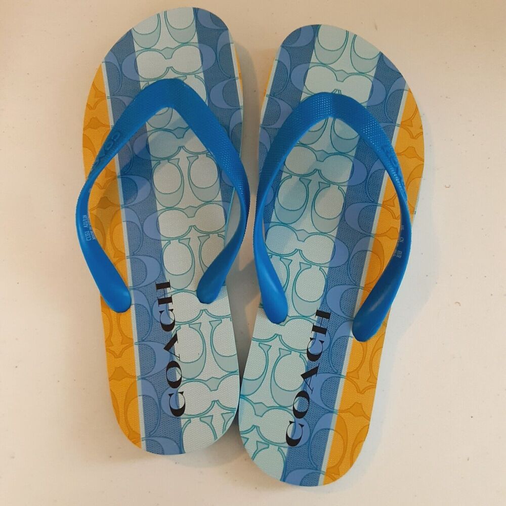Coach Signature Flip Flops Womens Size 10B Sandals Blue & Yellow ZAK COACH